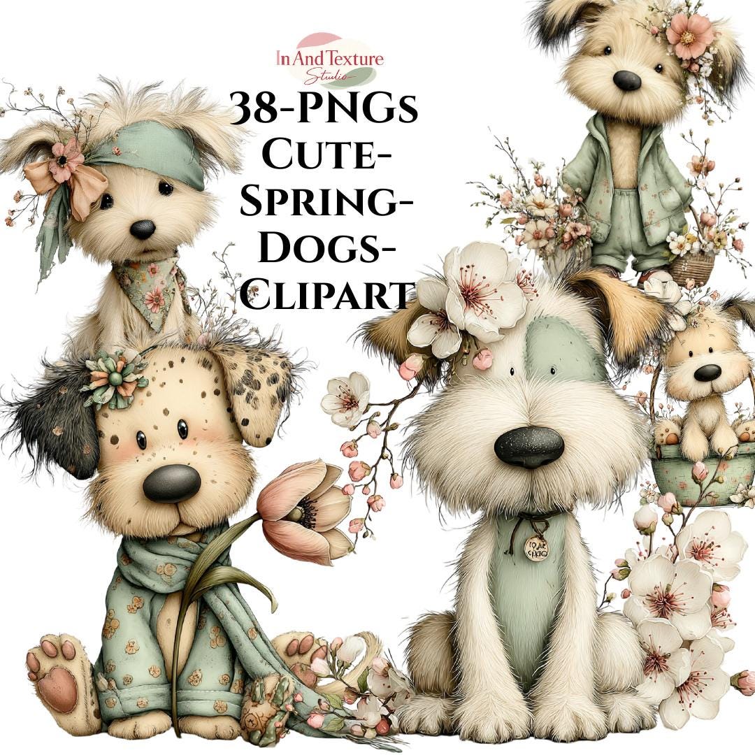 Spring Dogs Clipart, Adorable Puppy Floral Illustration (digital ...