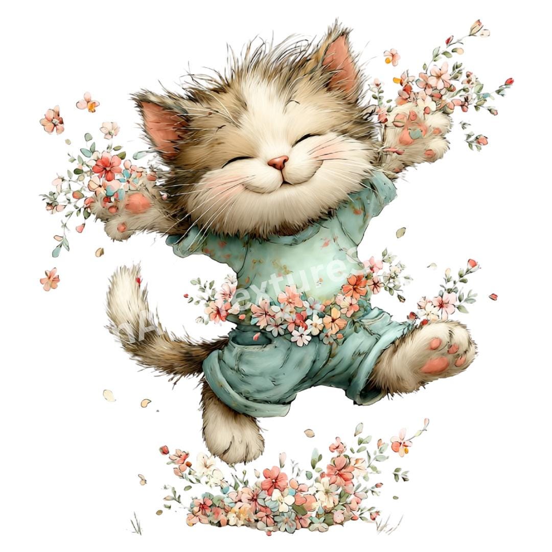 Whimsical Spring Cat Clipart PNG Bundle, Watercolor Floral Kitty ...