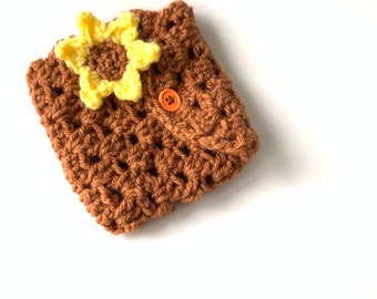 Handmade Crochet Shell Stitch Gift Card Holder with Sunflower Applique - Brown with Orange Button Closure