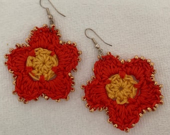 Crocheted Red flower earrings with beads Spring earrings summer dangling earrings for pierced ears