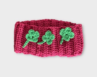 Cozy  Ear Warmer, Messy Bun Headband, Crocheted  Gift for her,Shamrok appliqued Winter Ear Warmer, Mom Gift, Gift for Her,St Patrick’s gift