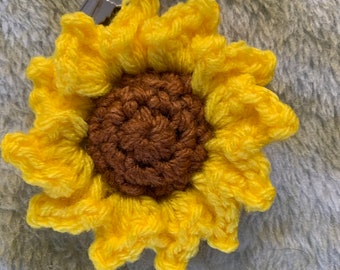 Whimsical happy Crochet Sunflower keyring charm with keyring attached ready to ship