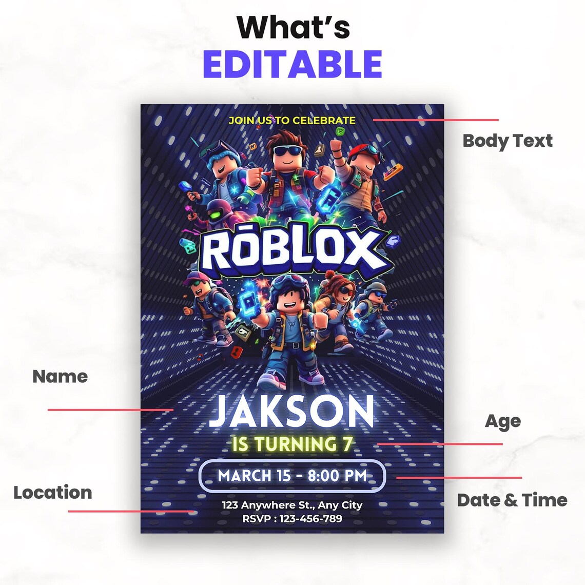 Editable Roblox Party Invite | Roblox Happy Birthday Invitation Canva ...