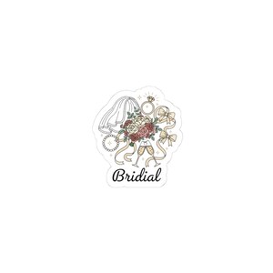 Peut inclure: Un autocollant avec des éléments de mariage. Il comprend un bouquet de roses, un voile, une bague en diamant, des flûtes à champagne et des rubans. Le mot "Bridial" est écrit en écriture cursive. La palette de couleurs est douce, avec des accents crème, roses et dorés.