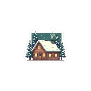 Peut inclure: Un autocollant pixélisé représentant une scène de chalet d'hiver. Le chalet brun a un toit enneigé et est flanqué de sapins. De la fumée s'élève de la cheminée et des flocons de neige tombent. Une couronne orne la porte d'entrée.
