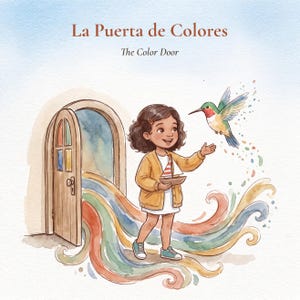 May include: A watercolour illustration titled La Puerta de Colores The Color Door featuring a child in a yellow cardigan holding a small toy sailboat. A hummingbird flies nearby, and a rainbow flows from an open wooden door with stained glass.