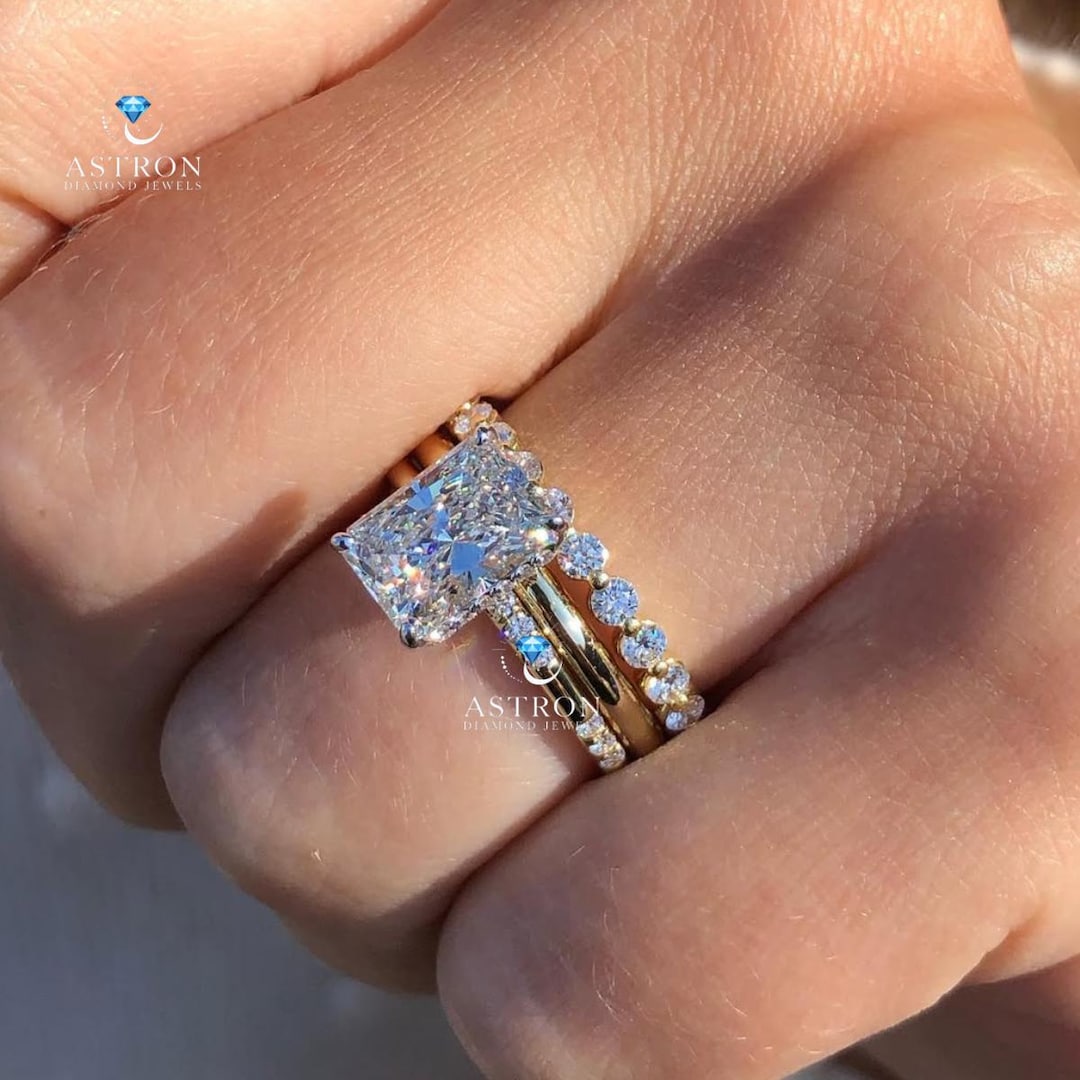3 CT Radiant Cut Moissanite Engagement Trio Bridal Ring Set – 14K Solid ...