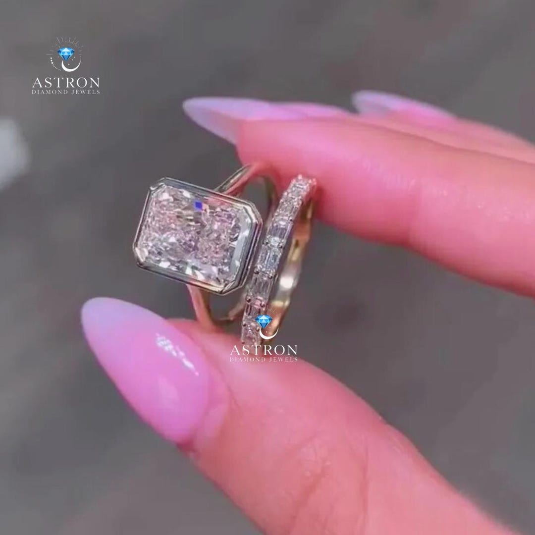 4 CT Radiant Cut Moissanite Engagement Ring Set – 14K Yellow Gold ...