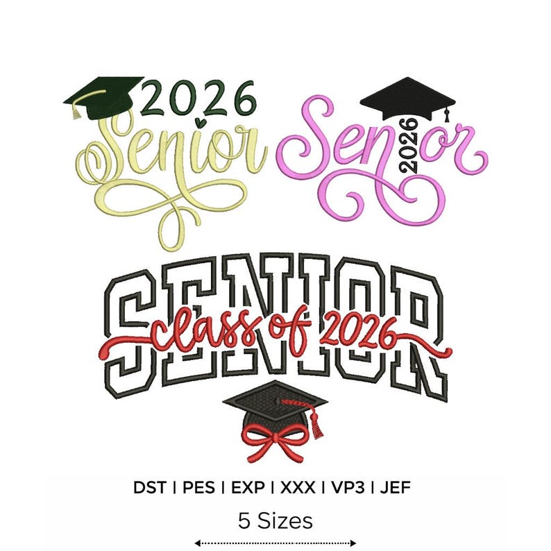 Class of 2026 embroidery designs Bundle | 5 Sizes | Instant Download (photo 1)