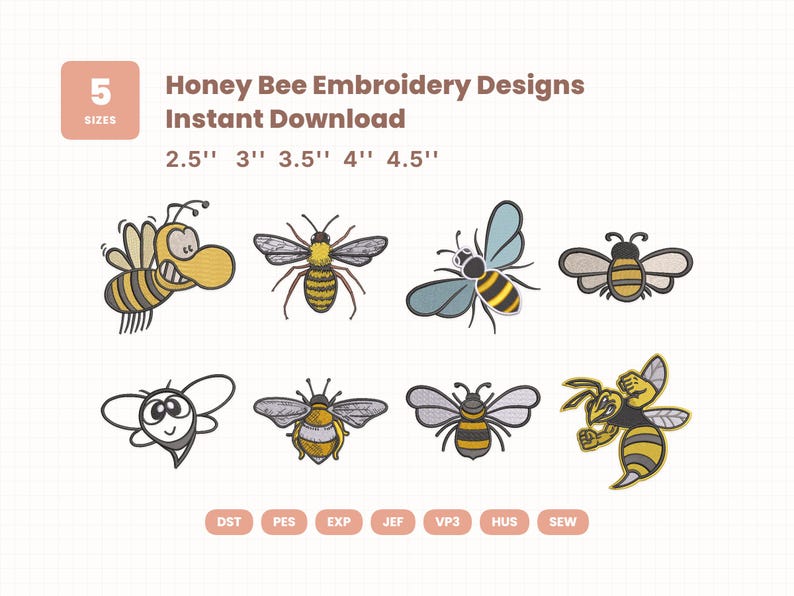 Honey Bee Embroidery Designs Bundle | 8 Bee Machine Embroidery Files | Digital Download (photo 1)