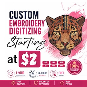 May include: A graphic advertisement for custom embroidery digitizing services featuring a stylized brown jaguar head illustration on a pink watercolor background. The text reads Custom Embroidery Digitizing Starting at $2 with various icons.