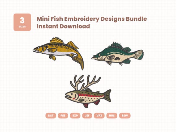Fish Embroidery Design Bundle | 3 Sizes | Instant Download