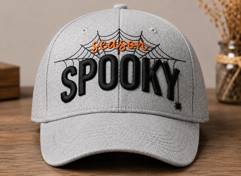 3D Puff Halloween Spooky Cap Embroidery Design (photo 1)