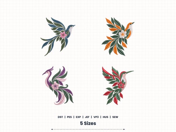 Floral Bird Embroidery Designs Bundle | 5 Sizes | Instant Download