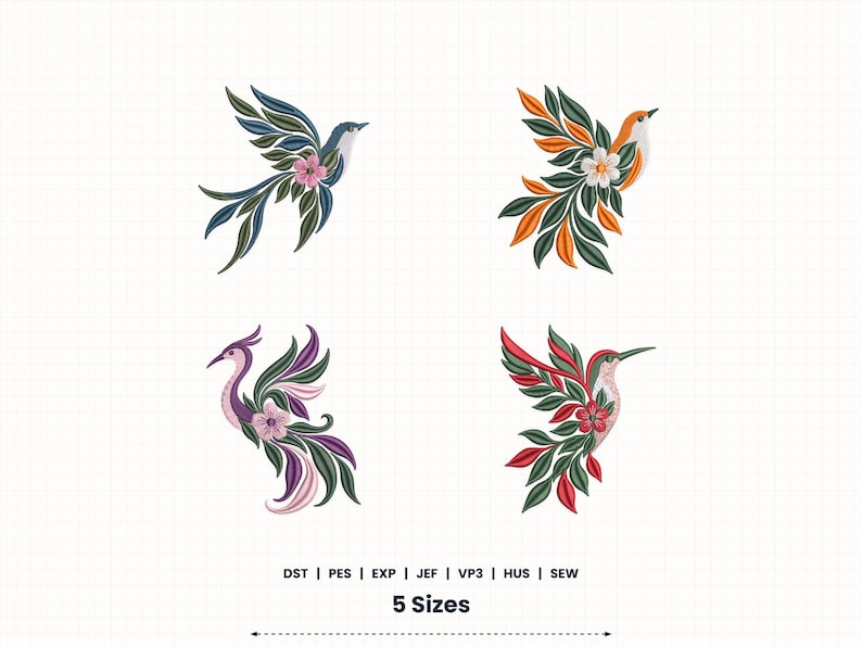 Floral Bird Embroidery Designs Bundle | 5 Sizes | Instant Download (photo 1)