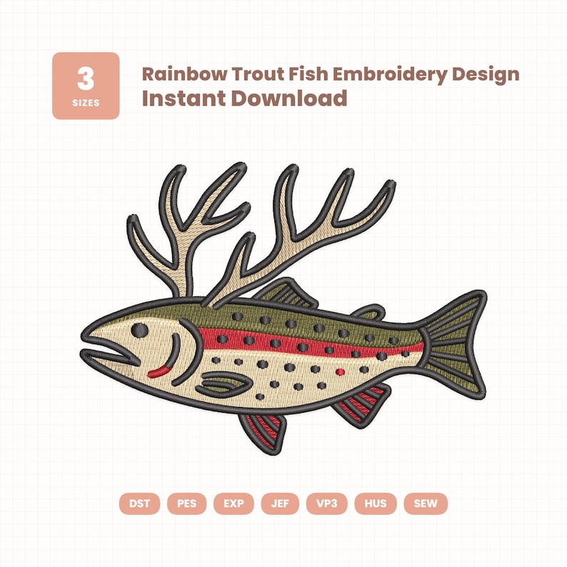 Rainbow Trout Fish Embroidery Design | 3 Sizes | Instant Download (photo 1)