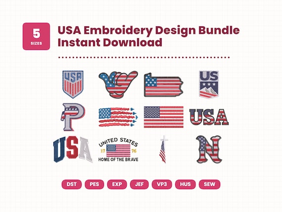 USA Embroidery Design Bundle | 5 Sizes | Instant Download