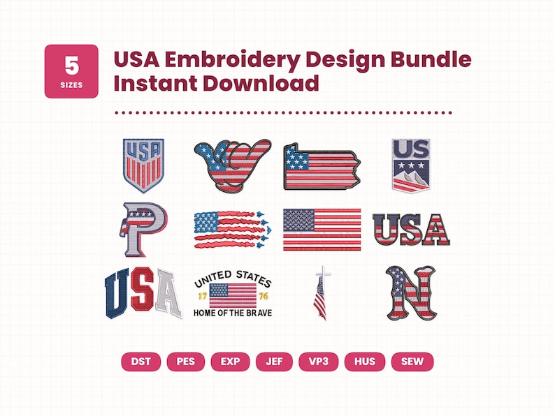 USA Embroidery Design Bundle | 5 Sizes | Instant Download (photo 1)