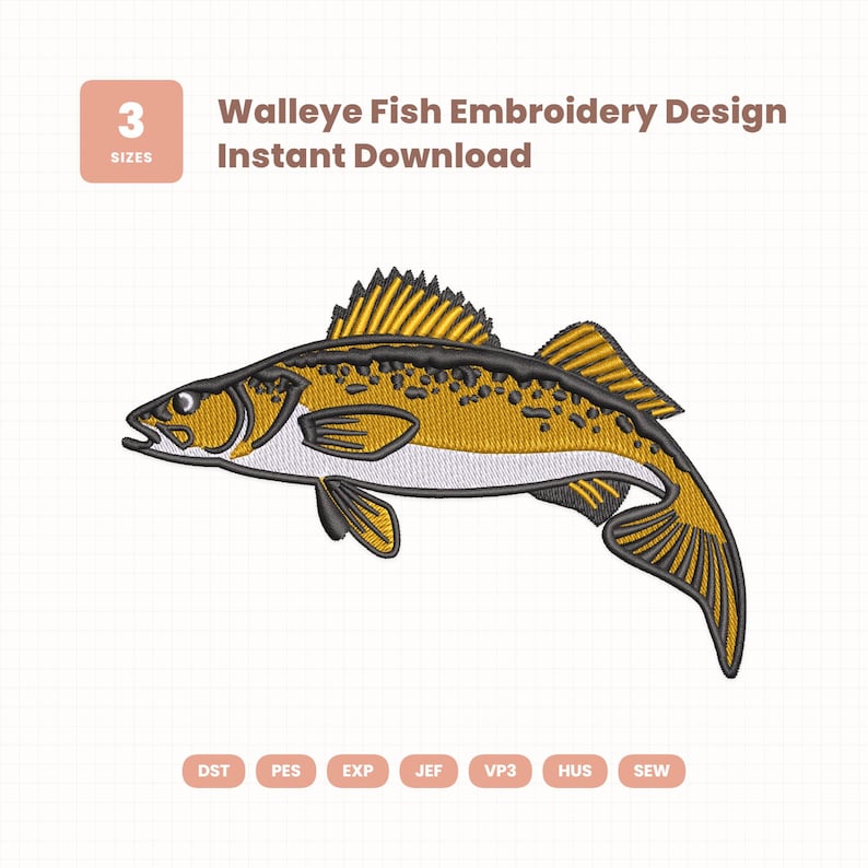 Walleye Fish Embroidery Design | 3 Sizes | Instant Download (photo 1)