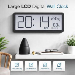Puede incluir: Un gran reloj de pared digital rectangular con marco negro muestra la hora 20:14, la temperatura 29.5°C y la humedad 68%. El reloj también muestra el día y la fecha. El texto "Large LCD Digital Wall Clock" está en la parte superior.