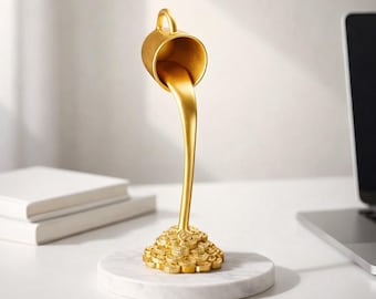 Floating Liquid Gold Mug Sculpture, Magic Pouring Cup Decor, Creative Kitchen Art Ornament