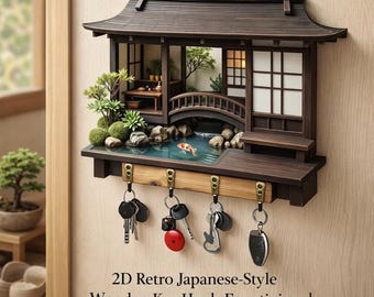 Japanese Style Wooden Key Holder, Retro Koi Pond Scene Wall Hook, Entryway Organizer