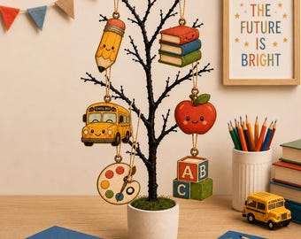Schule Ornament Sammlung, Lehrer Weihnachten Ornament Set, Bleistift Apfel Schulbus Buch ABC Block Ornament, Geschenk für das Klassenzimmer