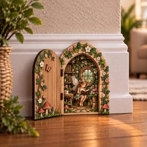 Può includere: Un adesivo da parete decorativo ad arco con una porta in legno che si apre su una stanza in miniatura con una fata che legge un libro. La cornice è decorata con viti verdi, fiori bianchi e funghi rossi, con una piccola farfalla arancione.
