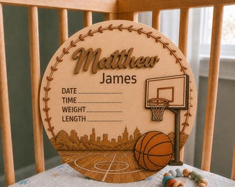 Personalisierte Basketball Geburtsankündigung Zeichen, Holz Baby Name Zeichen, Neugeborene Stats Plaque, Krankenhaus Baby Bekanntgabe, Kinderzimmer Dekor