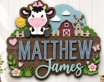 Personalisierte Kuh Kinderzimmer Namensschild Benutzerdefinierte Bauernhof Tier Kinderzimmer Dekor Bauernhaus Namensschild Benutzerdefinierte Holz Babyzimmer Wanddekoration Babypartygeschenk