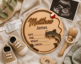 Personalisierte Wels Geburtsankündigung Zeichen, Angeln Baby Namen Plakette, Neugeborene Meilenstein Tafel, Baby Jungen Kinderzimmer Dekor, Fischer Baby Geschenk
