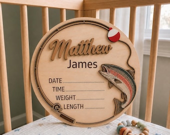 Personalisiertes Lachsfischen Geburtsanzeige Zeichen, Fischen Nursery Decor Baby Namensschild Neugeborenen Stats Board Fischer Baby Geschenk