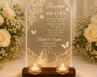 Portavelas personalizado "Reservado para el Cielo" para bodas, decoración de mesa para recuerdos de boda, letrero para recepción de boda "En memoria de"
