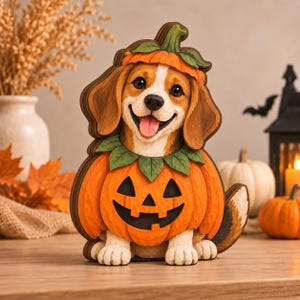Beaglepumpa Halloween-träkloss, söt hund Halloween-dekor, beagleälskare-present, fristående höstdekor, pumpahund-bordsskylt