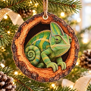 Kameleont i trä, ihålig julgransdekoration, present till reptilälskare, färgglad ödlahängande dekoration, present till naturälskare