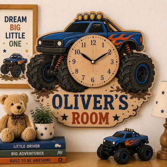 A handcrafted wooden wall clock shaped like a monster truck — functional decor that doubles as a statement piece for any kid's room.