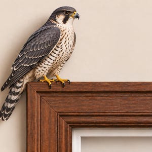 May include: A peregrine falcon with dark gray and white plumage, featuring a black-streaked chest and bright yellow talons, perched on the top edge of a dark brown wooden picture frame with a white inner border against a neutral wall.