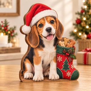 Puede incluir: Una figura decorativa de madera con forma de cachorro beagle que lleva un gorro de Papá Noel rojo y blanco. El cachorro está sentado junto a un calcetín navideño rojo y verde lleno de golosinas con forma de hueso, decorado con un árbol y copos.