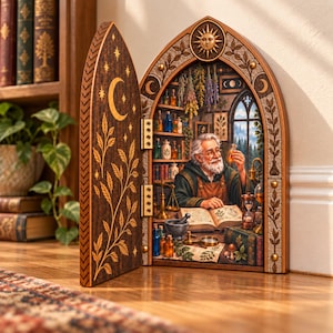 May include: A decorative wooden archway featuring a hinged door with a crescent moon and leaf design. The interior depicts an elderly person with a beard in a workshop filled with glass bottles, herbs, an open book, a mortar, and an hourglass.