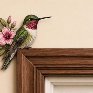 May include: A decorative wall accent featuring a hummingbird with green feathers, a white chest, and a vibrant pink throat patch, perched next to a cluster of pink hibiscus flowers and green leaves on a dark brown wooden door frame corner.