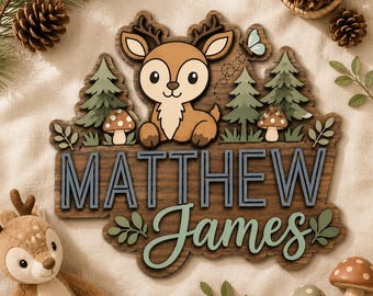 Benutzerdefinierte Deer Namensschild personalisierte Wald Holz Kinderzimmer Wand Baby Namensschild Jungen Kinderzimmer Dekor Wandkunst Geburtstag Deer Wandbehang