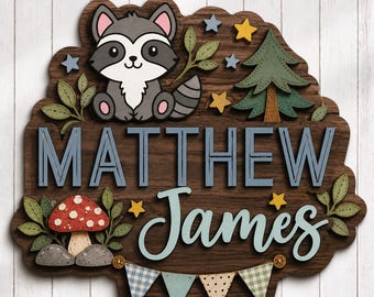 Benutzerdefinierte Wald Waschbär Namensschild personalisierte Waldtier Holz Kinderzimmer Wand Baby Namensschild Junge Wald Kinderzimmer Dekor Wandkunst