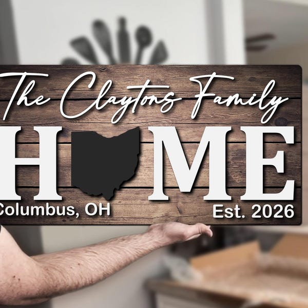 Cartello in legno personalizzato con nome della famiglia dell'Ohio State, mappa personalizzata con nome, regalo di anniversario, decorazione per la casa, regalo di compleanno, decorazione per l'ingresso.