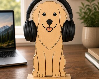 Spersonalizowany stojak na słuchawki dla psa z drewna, niestandardowy uchwyt na słuchawki dla golden retrievera, prezent dla miłośnika psów, akcesorium na biurko do gier, dekoracja biurka właściciela zwierzaka