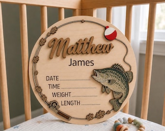 Personalisierte Crappie Geburtsankündigung Zeichen Fischen Kinderzimmer Namensschild Baby Geburt Stats Plaque Fischen Papa Neugeborene Geschenk Waldkindergarten