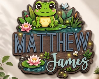 Personalisiertes Frosch-Kinderzimmer-Namensschild, benutzerdefinierte Baby-Namenswanddekor, Waldfrosch-Kinderzimmerdekor, Kinderzimmer-Holz-Namensschild, Babypartygeschenk