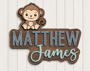 Benutzerdefinierte Affe Namensschild Dschungel Safari Holz Kinderzimmer Wand Baby Namensschild Jungen Kinderzimmer Dekor Wandkunst Geburtstag Kinderzimmer aus Holz
