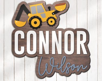 Letrero de madera personalizado con nombre para excavadora, para guardería, equipo pesado de madera, decoración de pared para cuna, regalo de cumpleaños para baby shower