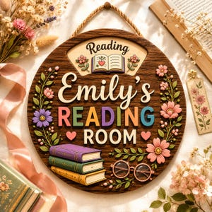 May include: A round wooden wall sign featuring the text "Reading Emily's READING ROOM" with a central open book icon, pink and purple floral accents, a stack of three colorful books, and a pair of round glasses, all suspended by a rope.