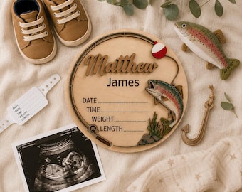 Personalisierte Forelle Angeln Baby Geburtsanzeige Zeichen Holz Geburt Stats Board Angeln Kinderzimmer Dekor Neugeborene Namen Zeichen Baby Dusche Geschenk